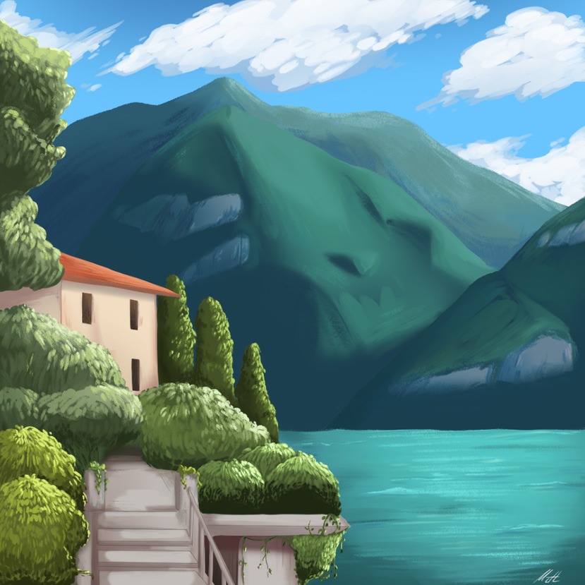 detailed painting of italian countryside beautiful lake digital art by human